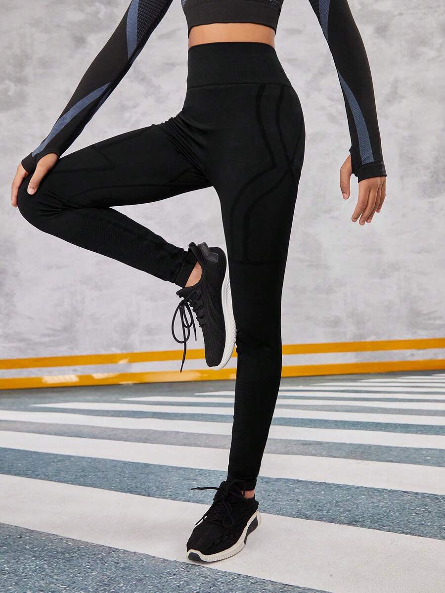 SHEIN Girls' Seamless Knitted Casual Sports Pants - Black - View 1