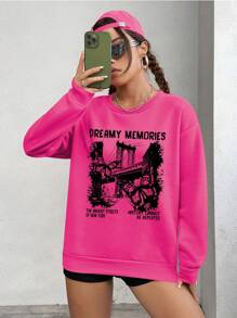 SHEIN EZwear 橋樑字母印花連帽衫 - 玫紅色 - 查看 5