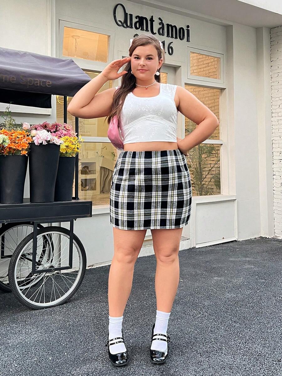 SHEIN EZwear 大尺碼女士格紋裙 - 白色 - 查看 1