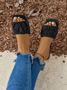 Plus Size Women Fashion Round Toe Pleated Slip-On Flat Slides