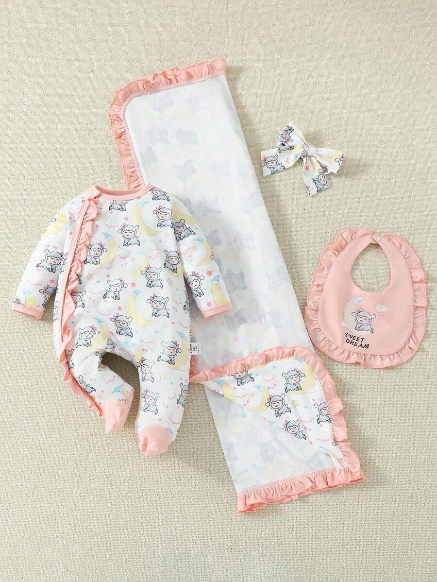 SHEIN Baby Girl Cartoon Printed Ruffle Hem Pajamas Set - Yellow - View 1