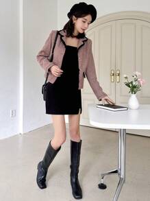 Dazy Designer Ladies' Plaid Lapel Collar Contrast Color Edge Coat Women Blazers,Fall Women Clothes Buisness Attire - Red - View 3