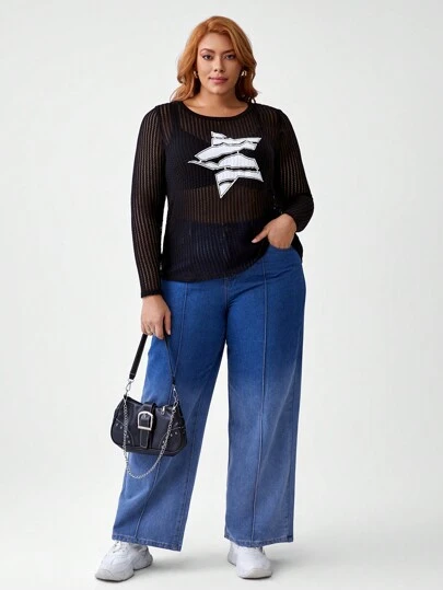 Rat Studio Artist Women Plus Size Sheer Star Pattern Top, For Holiday, Going Out, Festival