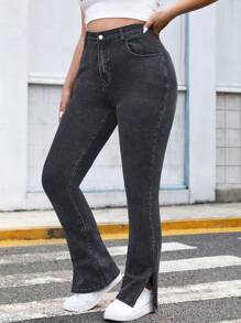 SHEIN EZwear Của phụ nữ Kích thước lớn Khe nứt bên Pháo sáng Quần jean - Xám - Xem 5