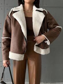 EURMUSE Women'S Teddy Fur Lined Zipper Front Regular Fit Jacket - Brown - View 5