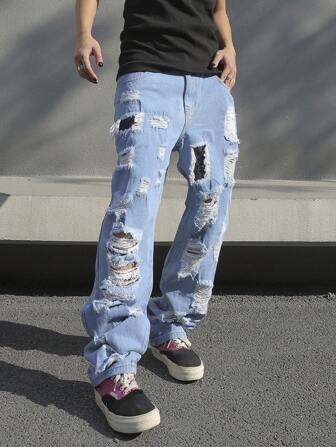 Manfinity Roghcode Men'S Ripped Loose Fit Casual Jeans