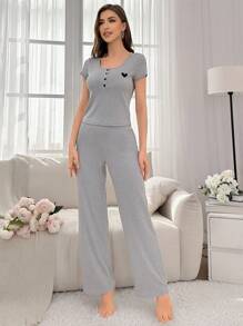 Women's Heart Embroidery Half Button Placket Top & Pants Homewear Set Outfit