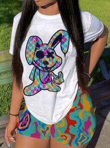 INAWLY Cartoon Printed Short Sleeve Casual 2pcs/Set