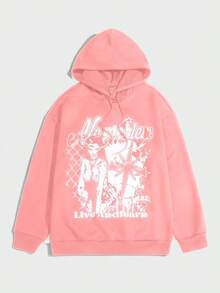 Grunge Punk 男士字母和字符印花連帽衫和長褲套裝,帶束繩 - 粉色 - 查看 3