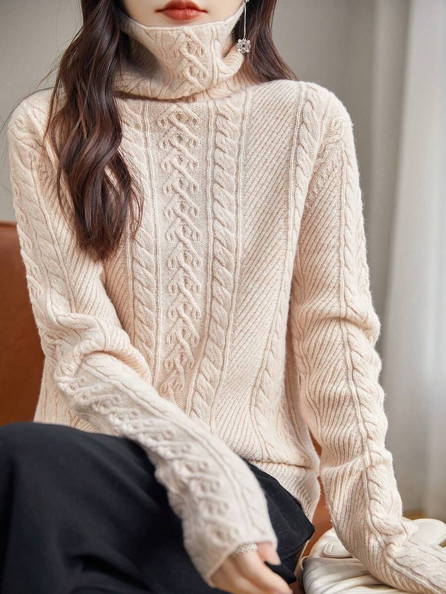 LINY XIN 高領柔軟保暖長袖時尚羊毛衫 - 杏色 - 查看 1