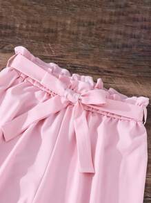 Conjunto De Blusa Con Volantes Y Pantalones Con Cintura Fruncida Para Chicas Adolescentes - Rosa vieja - Ver 3