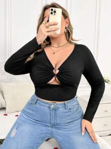 Flirla Plus Size Solid Color Hollow Out Slim Fit T-Shirt - Black - View 1