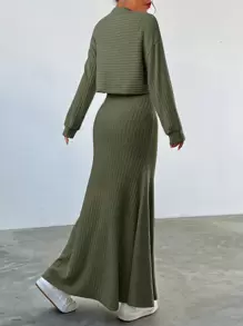 SHEIN EZwear Của phụ nữ màu trơn Đồ đan Ribbed 2 mảnh Bộ - xanh quân đội - Xem 2