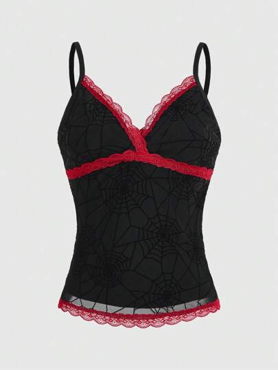 Grunge Punk Atractivo Top De Tirantes Con Encaje Y Malla De Color Negro Y Rojo Con Contraste De Color