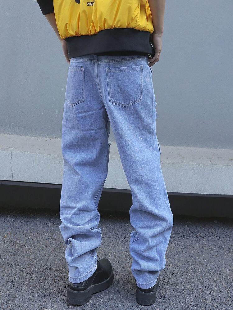 Men'S Straight Leg Jeans With Distressed Details