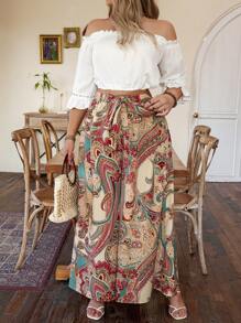 SHEIN Holidaya Große Größen-hose Mit Weitem Bein Und Gürtel Im Paisley Muster