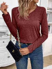 SHEIN Frenchy Embroidered Mesh Panel Back Long Sleeve T-Shirt - Burgundy - View 3