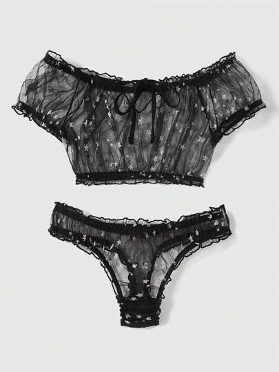 Goth Gothic Net Yarn Star Off Shoulder Thong Lingerie Set, Sexy And Alluring