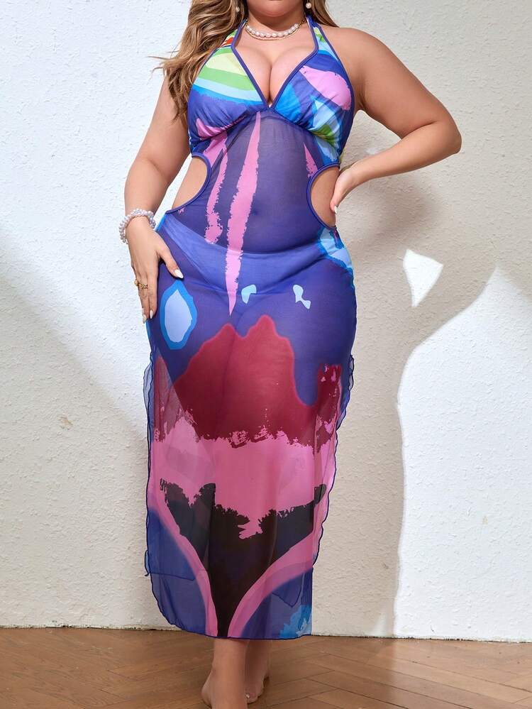 Plus Size Women's Printed Cut-Out Waist Cover Up Dress Summer