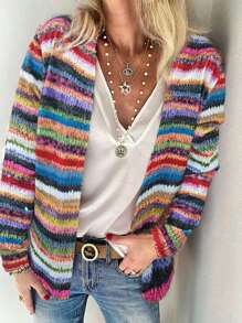 女式長袖休閒條紋夾克,適用於秋冬季節 - 彩色 - 查看 1