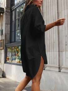 Women's Solid Color Long Sleeve Single-Breasted Casual Loose High-Low Hem Shirt Dress