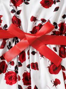 青少年女孩收腰花卉印花连衣裙，适合情人节、假日、夏季、旅行 - 紅色 - 查看 7
