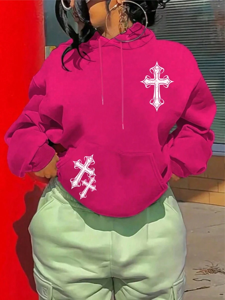 INAWLY 带袋鼠口袋、十字图案、保暖衬里、长袖上衣的连帽运动衫 - 玫紅色 - 查看 1