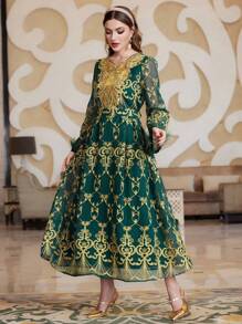 Layrah Váy Caftan Jalabiya chắp vá theo phong cách Baroque dành cho nữ có cổ tay bằng lông và họa tiết Arabesque, phong cách tiệc tối sang trọng thanh lịch - màu xanh lá - Xem 4