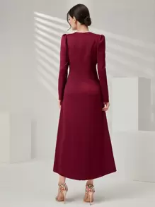 Modelyn Vestido con mangas abullonadas y plisadas de color rojo borgoña para dama - Burdeos - Ver 2