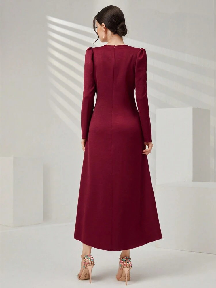 Burgundy Red Ladies' Pleated Puff Sleeve Dress