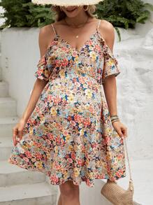 SHEIN 孕妇花卉印花露肩连衣裙 - 彩色 - 查看 4