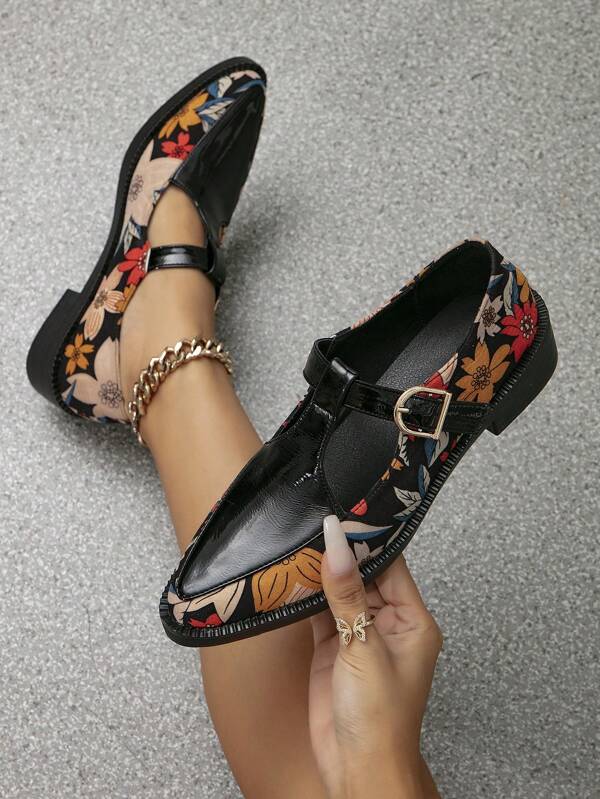 Women's Flat Platform Square Toe Slip-On Brogues, Mary Jane Oxfords, Mid Heel, Black, Vintage British Style