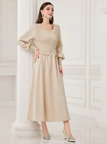 Modelyn Cổ vuông Tay áo lồng đèn Đầm - Màu be - Xem 4