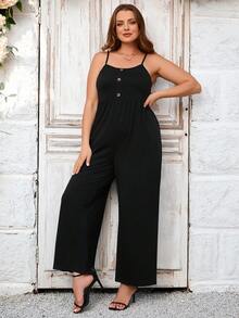 SHEIN Clasi 女士加大碼鈕扣細節細肩帶寬腿連身褲 - 黑色 - 查看 4