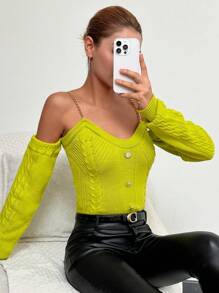 EURMUSE Women's Off-Shoulder Sweater With Chain Straps - Lime Green - View 3