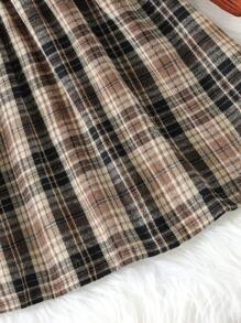 SHEIN 女孩中長款格子拼接裙,腰帶腰身和長袖適合秋季穿著 - 紅木色 - 查看 5