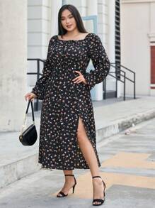 Dazy Plus 大码优雅碎花连衣裙，收腰设计，侧开衩，荷叶边，秋季度假装扮女装 - 黑色 - 查看 6