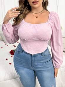 SHEIN Unity Plus Size Women's Heart Pattern Puff Sleeve Blouse - Pink - View 5