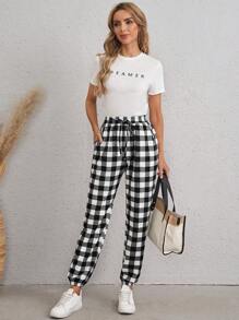 SHEIN LUNE 女士兩色格紋褲 - 黑色 - 查看 4