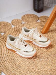 女士時尚舒適米色圓頭平底運動鞋,金色飾邊和三色鞋帶鬆緊調節,休閒風格 - 金色 - 查看 4