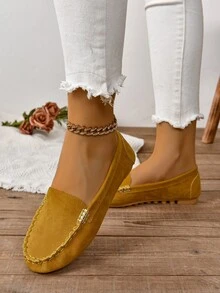 女士加大尺寸懶人休閒時尚飾釦皮鞋,春秋扁鞋 - 黃色 - 查看 4