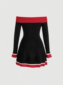 SHEIN MOD 女性色彩對比露肩飄逸袖毛衣裙