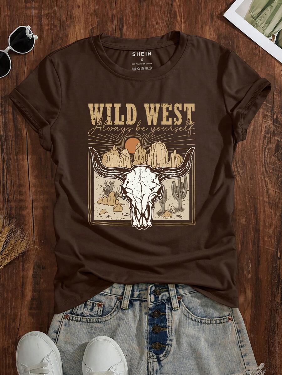 INAWLY Letter Graphic Short Sleeve Tshisrt Graphic Tees Women Tops - Coffee Brown - View 1