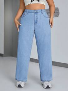 SHEIN ICON Plus Size Monochromatic Straight-Leg Jeans - Blue - View 1