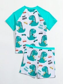 Conjunto De Trajes De Baño Estampado Con Dibujos Animados Para Niños Pequeños - Verde - Ver 2