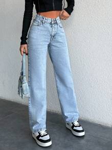 EURMUSE Women'S Light Blue Washed Straight Leg Jeans ,Petite Women - Light Wash - View 5