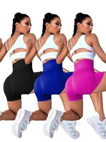 Easithlete Áo nỉ in khẩu hiệu thể thao và thiết kế logo Quần short xanh Spandex ngắn - Nhiều màu - Xem 2