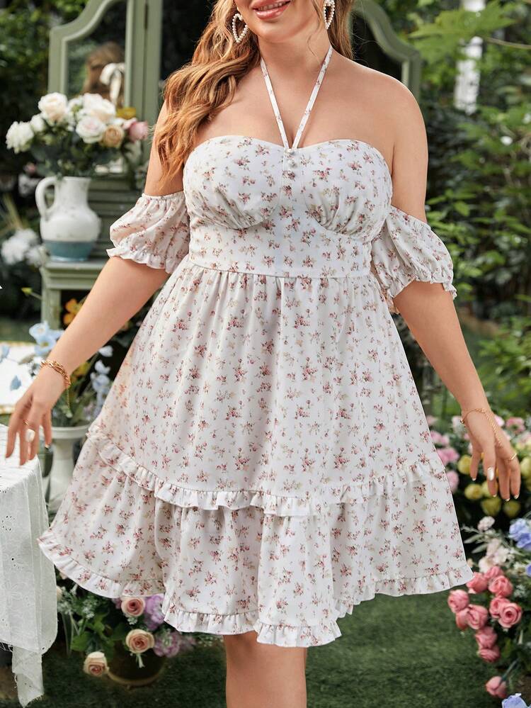 Plus Size Ditsy Floral Bodycon Tube Dress For Valentine's Day
