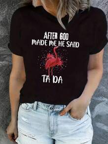 SHEIN LUNE 女士火烈鳥印花短袖t卹,印有口號 - 黑色 - 查看 1