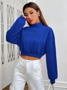 SHEIN EZwear Women's Letter Pattern Pressed Stand Collar Drop Shoulder Sweatshirt - Royal Blue - View 6